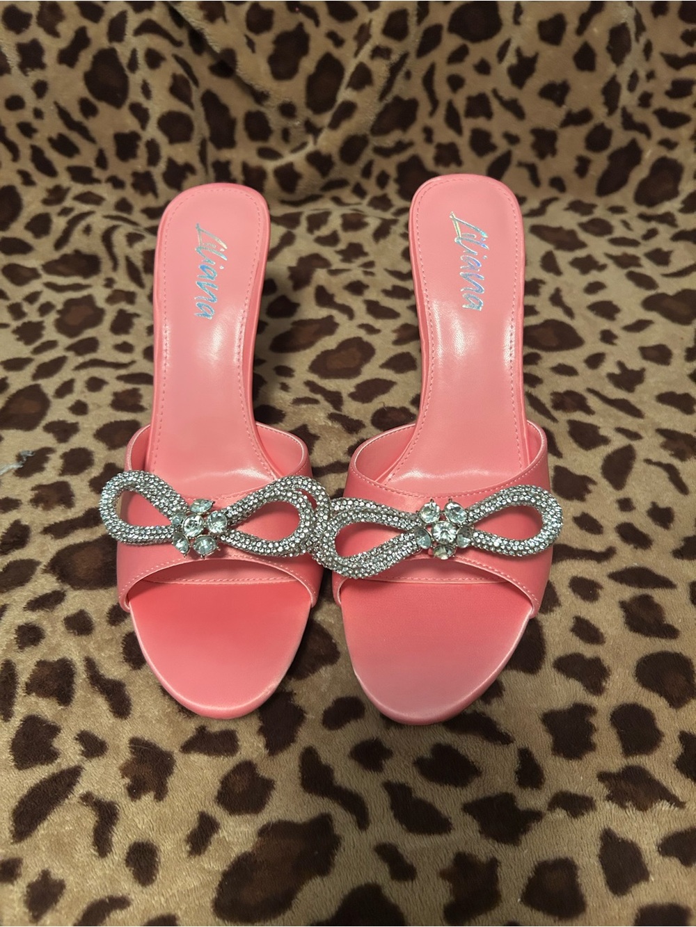 Liliana Coral Satin Slide Mules with Rhinestone Bow Accent
